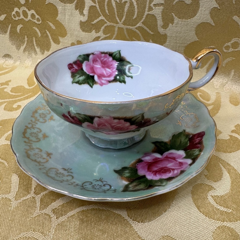 Vintage Rose Teacup and Saucer Set with Gold Trim